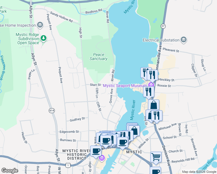 map of restaurants, bars, coffee shops, grocery stores, and more near 5 Starr Street in Groton