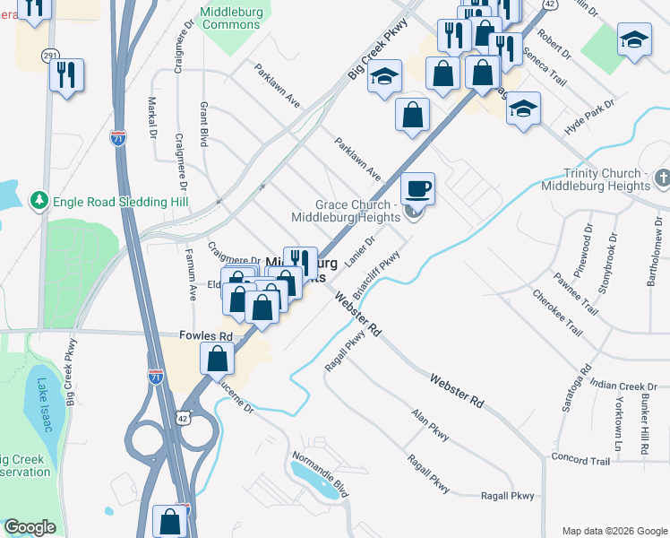map of restaurants, bars, coffee shops, grocery stores, and more near 16010 Webster Road in Middleburg Heights