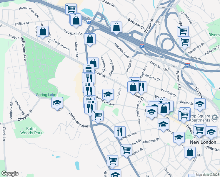 map of restaurants, bars, coffee shops, grocery stores, and more near 39 Georgiana Street in New London