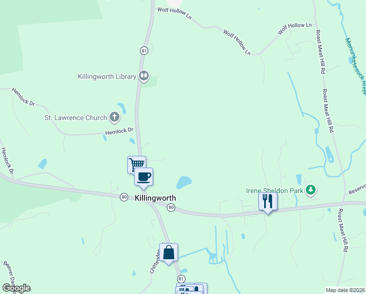map of restaurants, bars, coffee shops, grocery stores, and more near 16 Ely Lane in Killingworth
