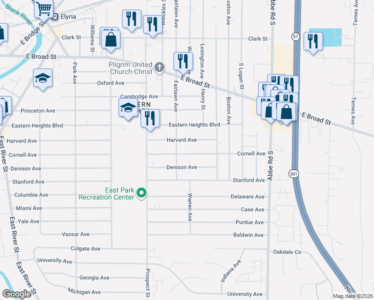 map of restaurants, bars, coffee shops, grocery stores, and more near 635 Cornell Avenue in Elyria