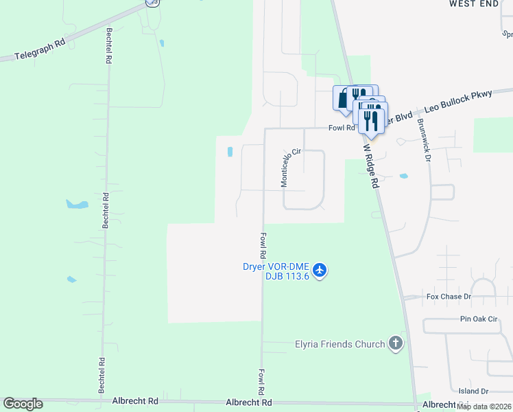 map of restaurants, bars, coffee shops, grocery stores, and more near 2219 Fowl Road in Elyria