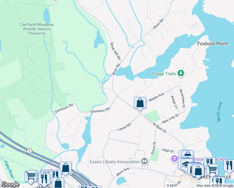 map of restaurants, bars, coffee shops, grocery stores, and more near 13 Mill Road in Essex