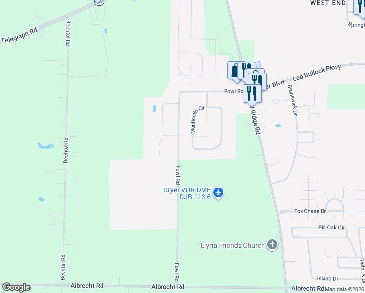 map of restaurants, bars, coffee shops, grocery stores, and more near 2219 Fowl Road in Elyria
