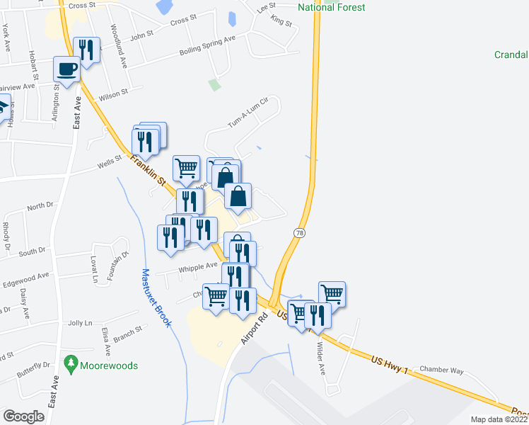 map of restaurants, bars, coffee shops, grocery stores, and more near 132 Franklin Street in Westerly