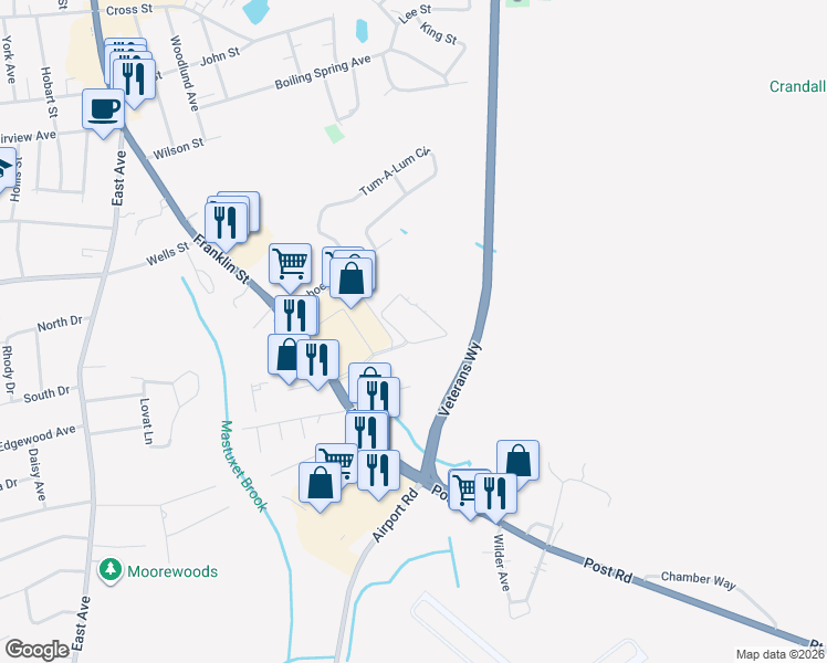 map of restaurants, bars, coffee shops, grocery stores, and more near 132 Franklin Street in Westerly