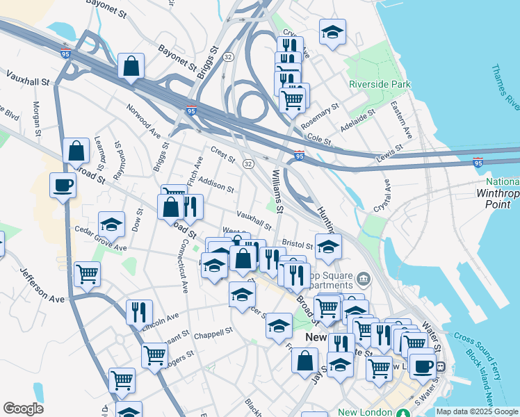 map of restaurants, bars, coffee shops, grocery stores, and more near 7 Vauxhall Street in New London