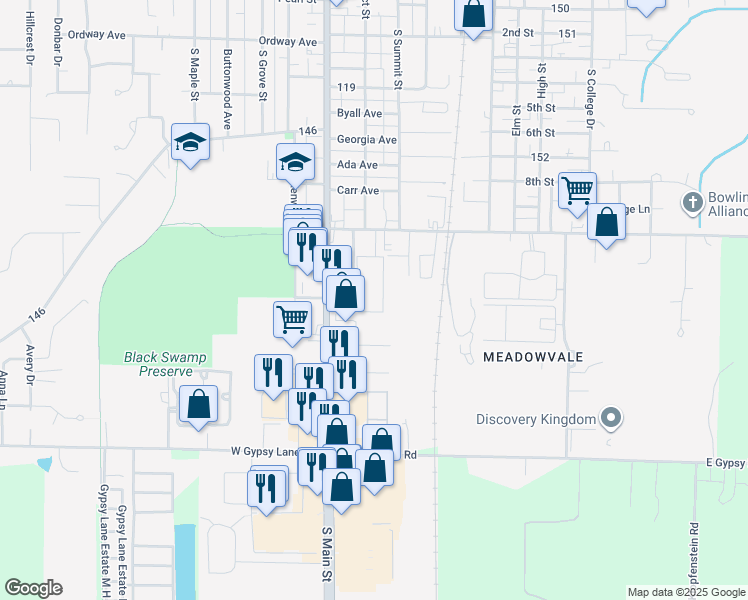 map of restaurants, bars, coffee shops, grocery stores, and more near 991 South Main Street in Bowling Green