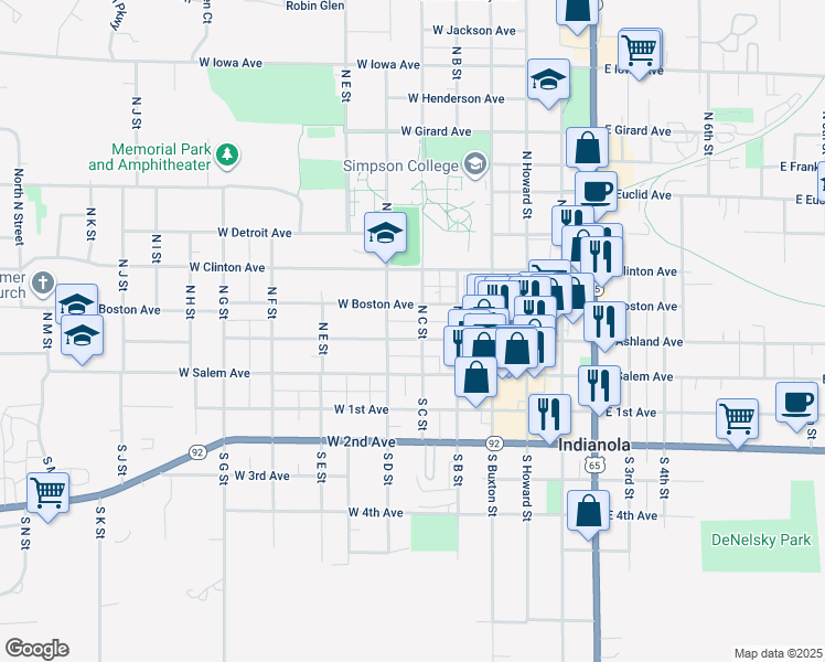 map of restaurants, bars, coffee shops, grocery stores, and more near 405 West Ashland Avenue in Indianola