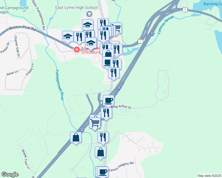 map of restaurants, bars, coffee shops, grocery stores, and more near 286 Flanders Road in East Lyme