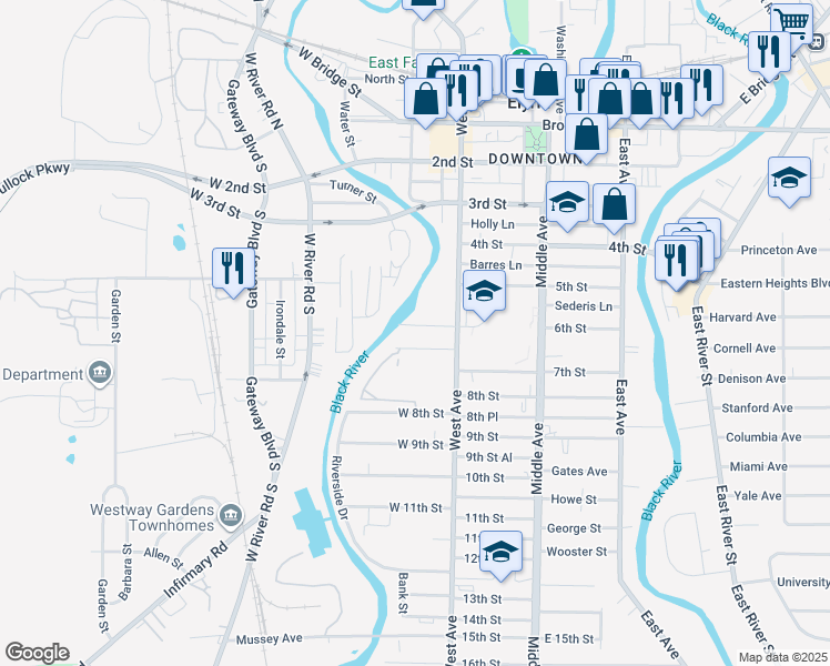 map of restaurants, bars, coffee shops, grocery stores, and more near 434 6th Street in Elyria