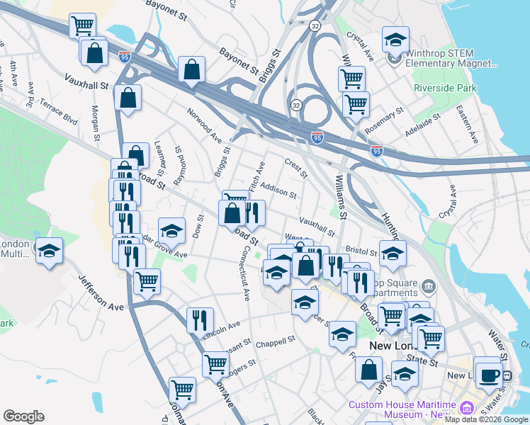 map of restaurants, bars, coffee shops, grocery stores, and more near 80 West Street in New London