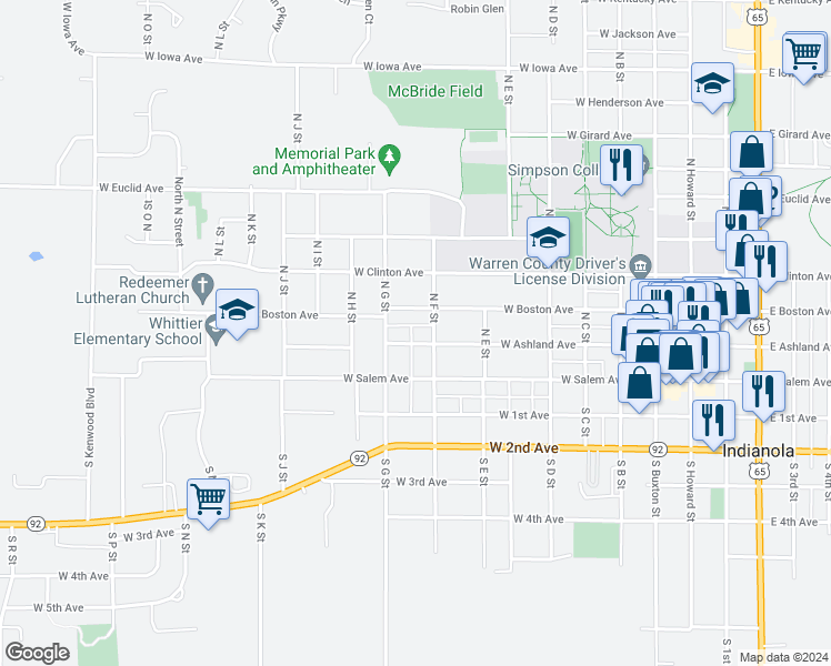 map of restaurants, bars, coffee shops, grocery stores, and more near 805 West Ashland Avenue in Indianola