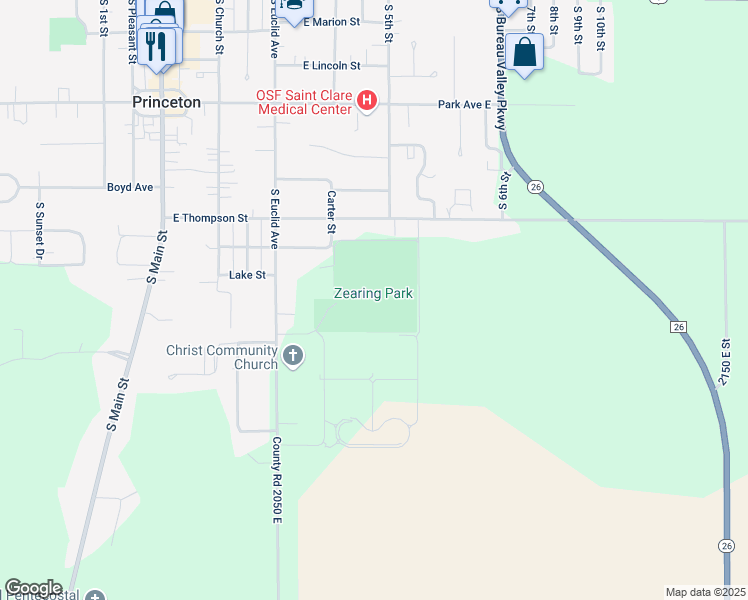 map of restaurants, bars, coffee shops, grocery stores, and more near Zearing Park Drive in Princeton