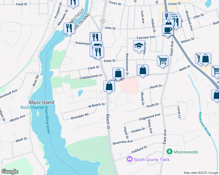 map of restaurants, bars, coffee shops, grocery stores, and more near 80 Beach Street in Westerly