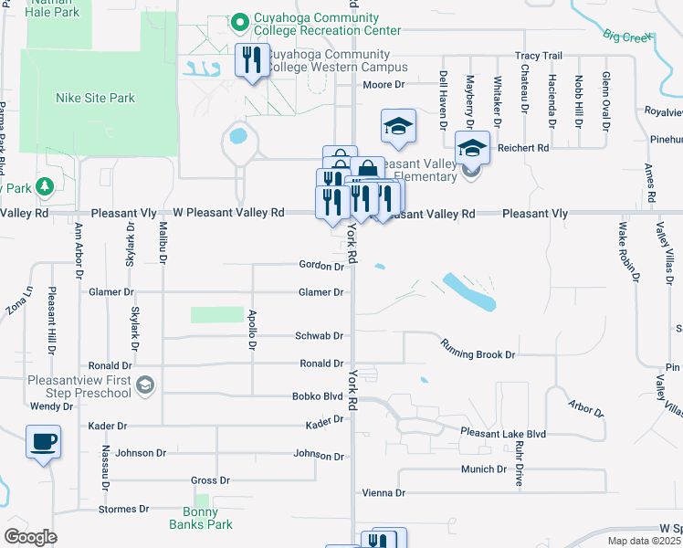 map of restaurants, bars, coffee shops, grocery stores, and more near 7532 York Road in Parma
