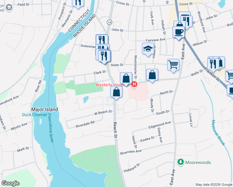 map of restaurants, bars, coffee shops, grocery stores, and more near 80 Beach Street in Westerly