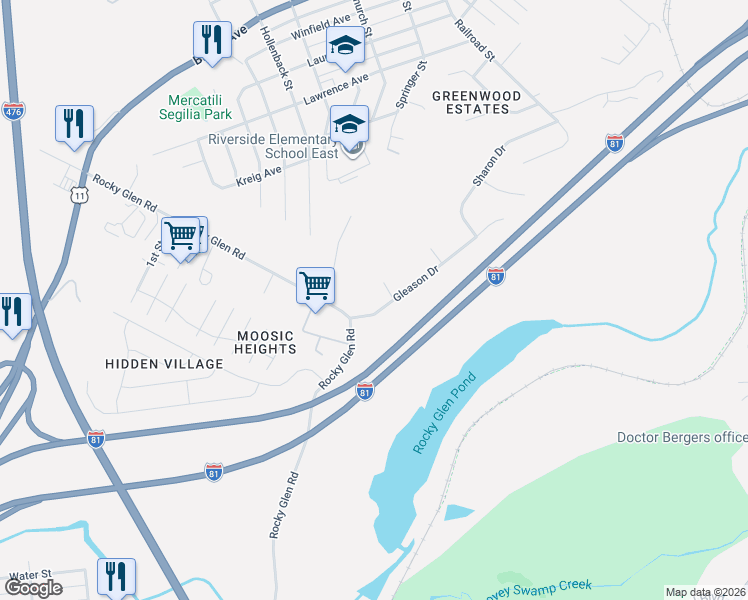 map of restaurants, bars, coffee shops, grocery stores, and more near 400 Gleason Drive in Moosic