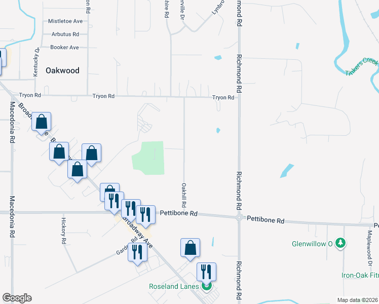 map of restaurants, bars, coffee shops, grocery stores, and more near 7407 Oakhill Road in Bedford