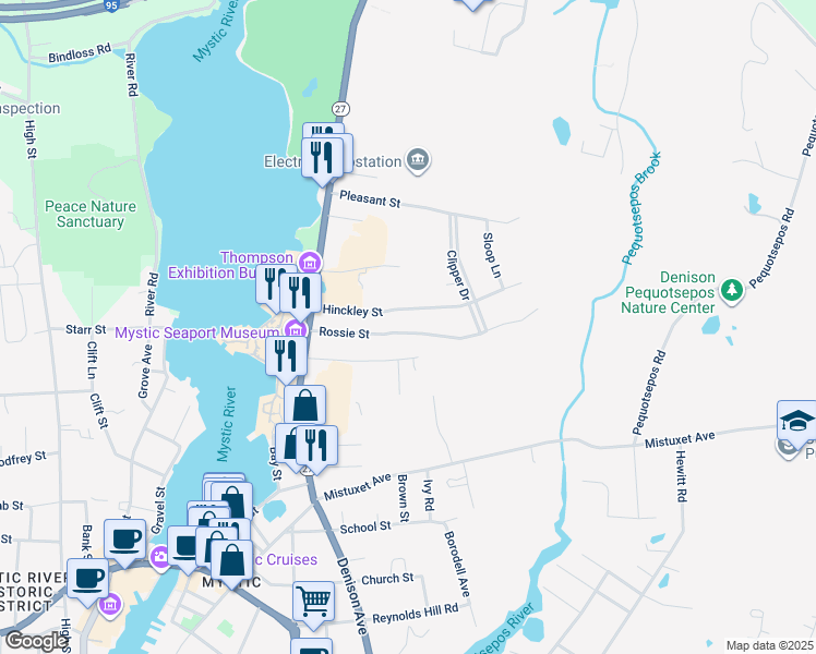 map of restaurants, bars, coffee shops, grocery stores, and more near 27 Hinckley Street in Stonington