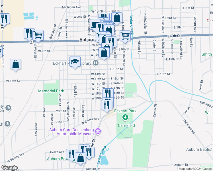 map of restaurants, bars, coffee shops, grocery stores, and more near 903 Main Street in Auburn