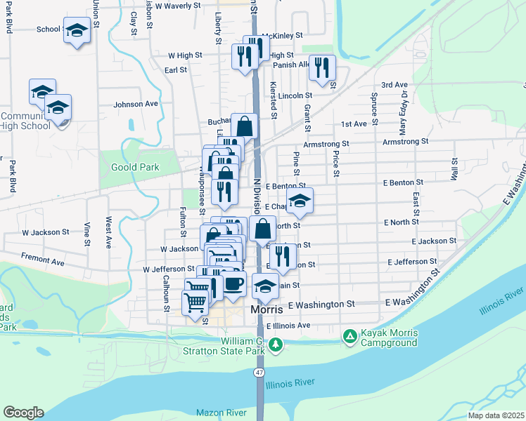 map of restaurants, bars, coffee shops, grocery stores, and more near in Morris