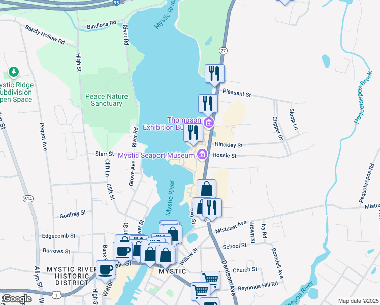 map of restaurants, bars, coffee shops, grocery stores, and more near 75 Greenmanville Avenue in Stonington