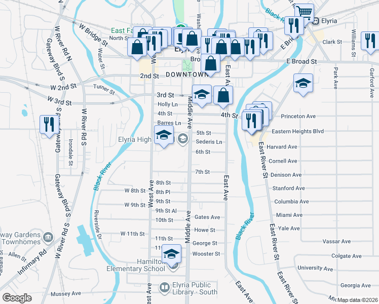 map of restaurants, bars, coffee shops, grocery stores, and more near 514 Middle Avenue in Elyria