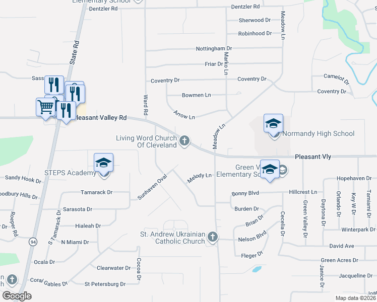 map of restaurants, bars, coffee shops, grocery stores, and more near 3220 West Pleasant Valley Road in Parma