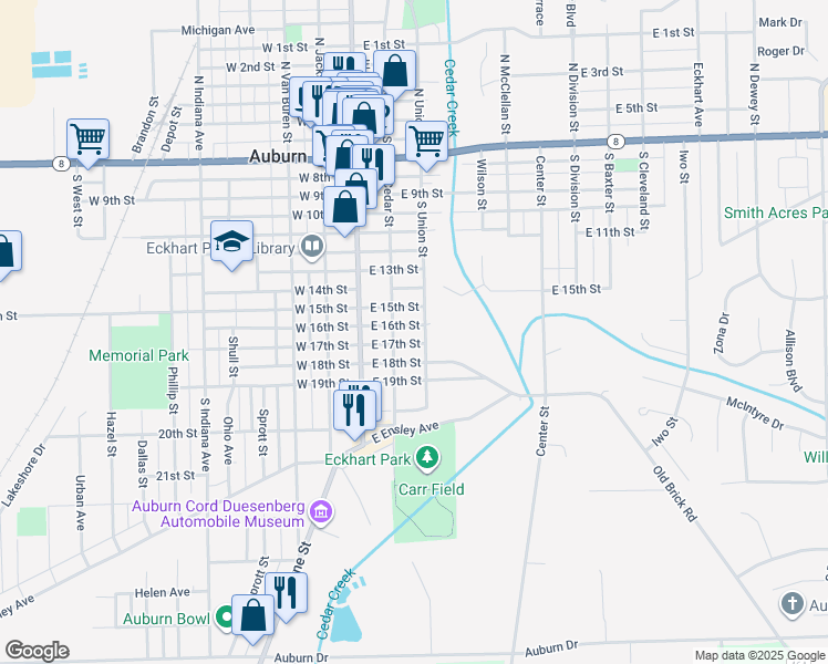 map of restaurants, bars, coffee shops, grocery stores, and more near 900-998 South Union Street in Auburn