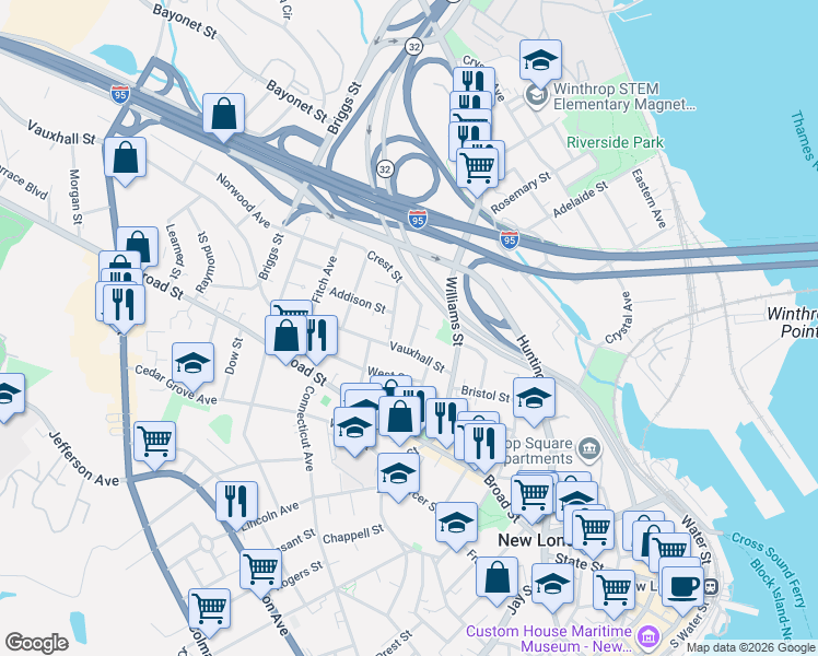 map of restaurants, bars, coffee shops, grocery stores, and more near 16 Nathan Hale Street in New London