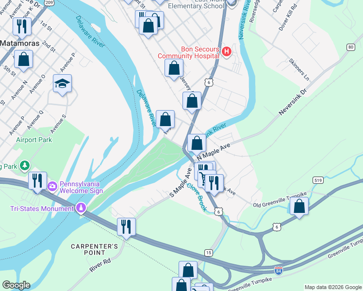 map of restaurants, bars, coffee shops, grocery stores, and more near 243 East Main Street in Port Jervis