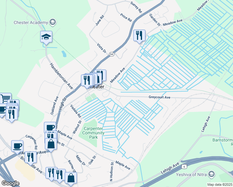 map of restaurants, bars, coffee shops, grocery stores, and more near 9 Greycourt Avenue in Chester