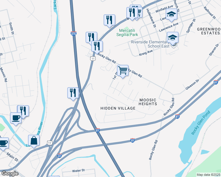 map of restaurants, bars, coffee shops, grocery stores, and more near 115 1st Street in Moosic