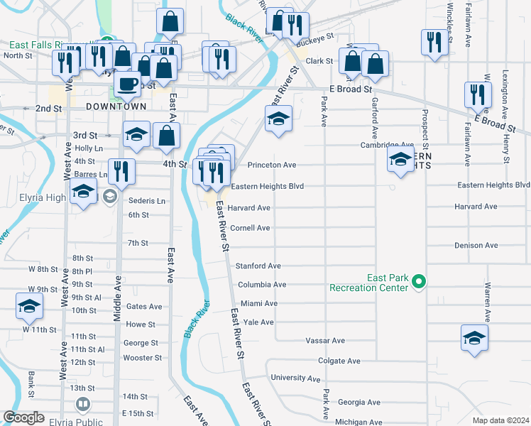 map of restaurants, bars, coffee shops, grocery stores, and more near 615 Sherman Street in Elyria