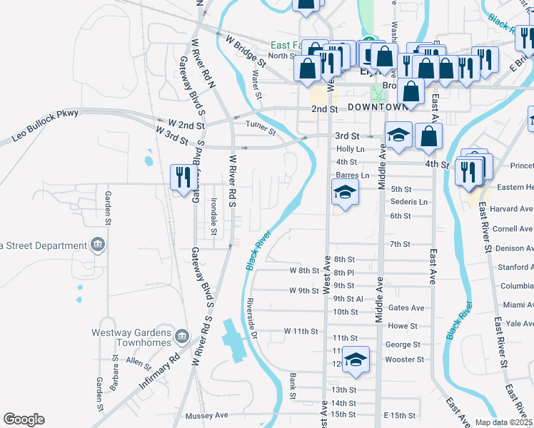 map of restaurants, bars, coffee shops, grocery stores, and more near 550 Sommer Way in Elyria