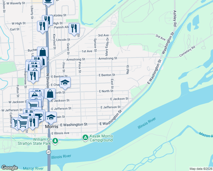 map of restaurants, bars, coffee shops, grocery stores, and more near 844 East Chapin Street in Morris