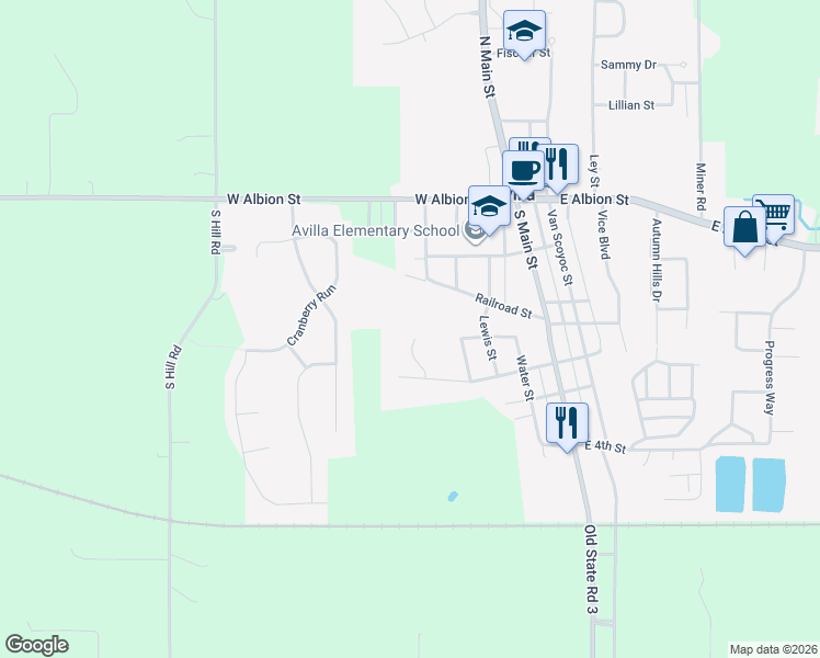 map of restaurants, bars, coffee shops, grocery stores, and more near 503 Ridgeview Trail in Avilla