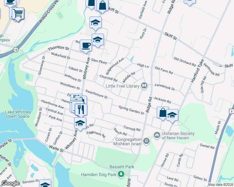 map of restaurants, bars, coffee shops, grocery stores, and more near 132 Santa Fe Avenue in Hamden