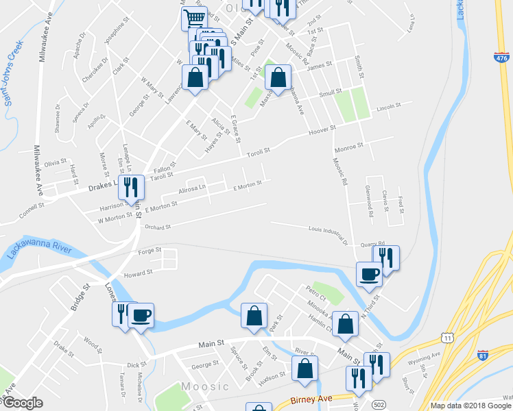 map of restaurants, bars, coffee shops, grocery stores, and more near 363 Orchard Street in Old Forge