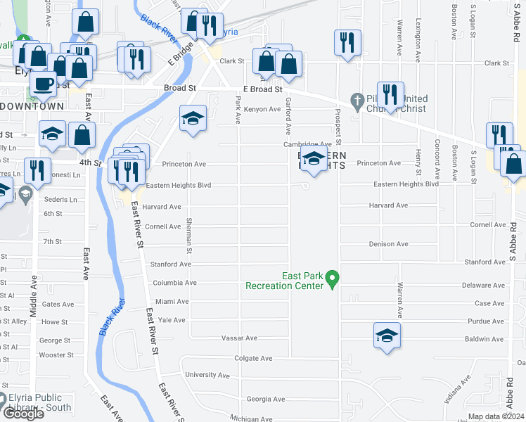 map of restaurants, bars, coffee shops, grocery stores, and more near 329 Harvard Avenue in Elyria