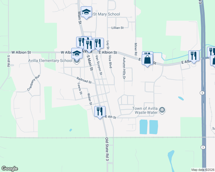 map of restaurants, bars, coffee shops, grocery stores, and more near 309 Van Scoyoc Street in Avilla