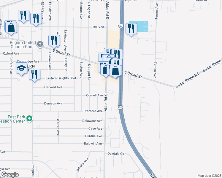 map of restaurants, bars, coffee shops, grocery stores, and more near 1057 East Broad Street in Elyria