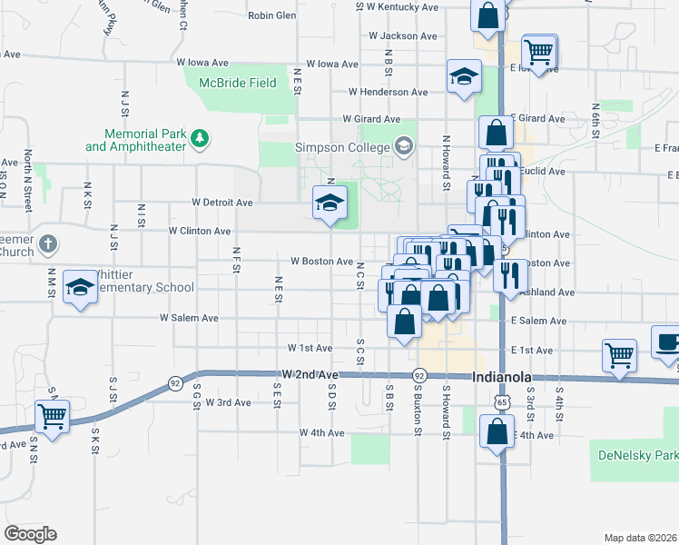 map of restaurants, bars, coffee shops, grocery stores, and more near 404 West Boston Avenue in Indianola