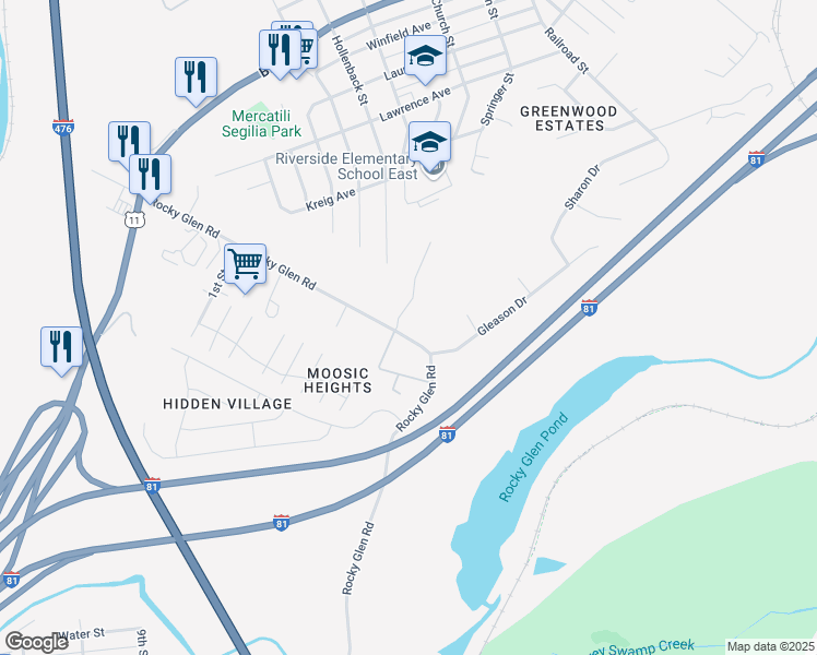 map of restaurants, bars, coffee shops, grocery stores, and more near 700 Rocky Glen Rd in Moosic