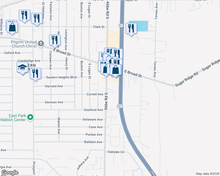 map of restaurants, bars, coffee shops, grocery stores, and more near 1057 East Broad Street in Elyria