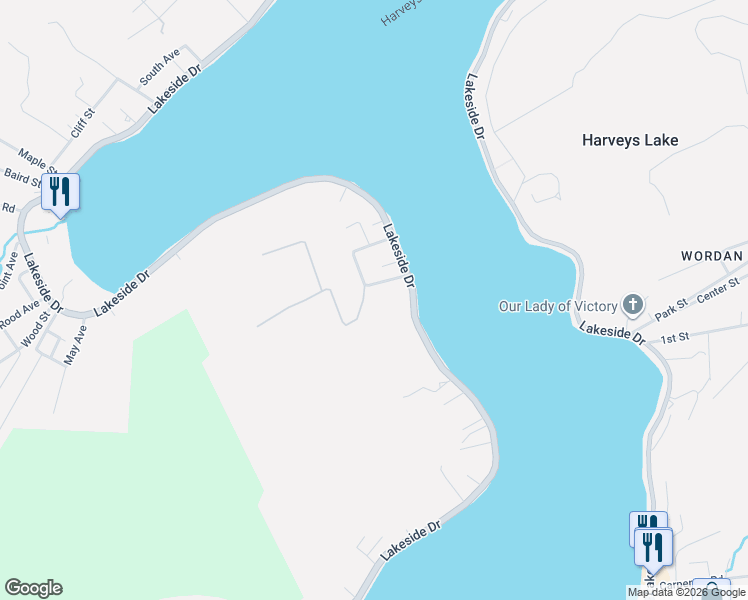 map of restaurants, bars, coffee shops, grocery stores, and more near Harvey Rd in Harveys Lake