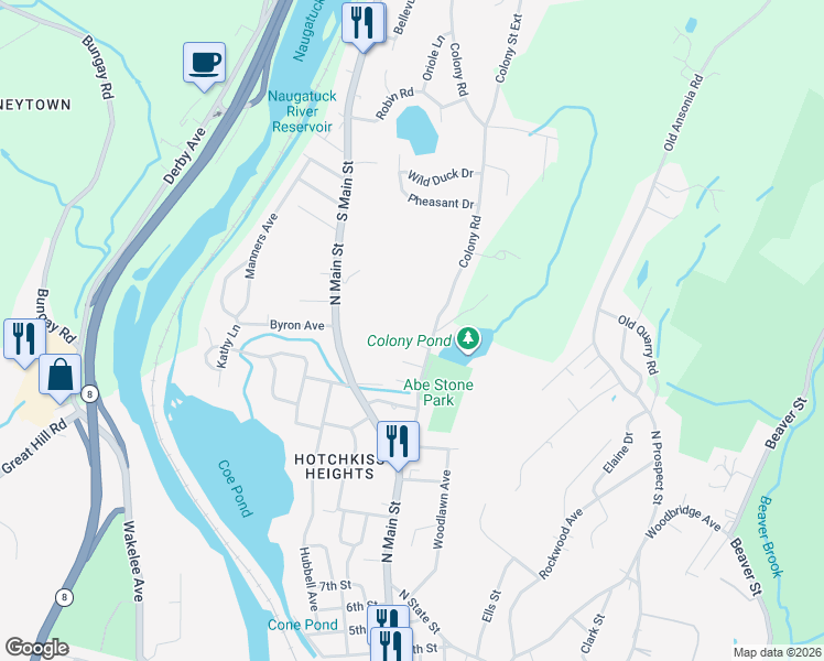 map of restaurants, bars, coffee shops, grocery stores, and more near 100 Colony Road in Ansonia
