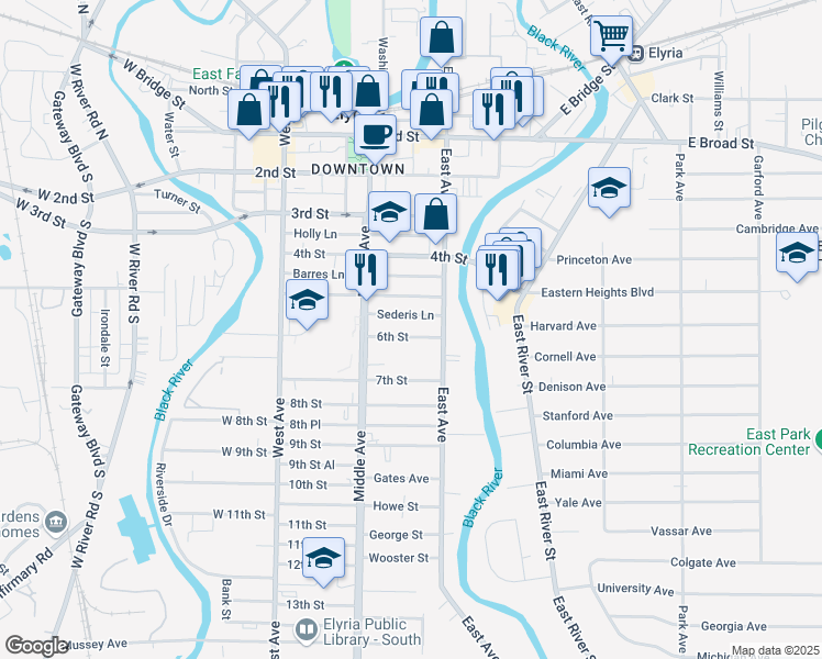 map of restaurants, bars, coffee shops, grocery stores, and more near 227 6th Street in Elyria