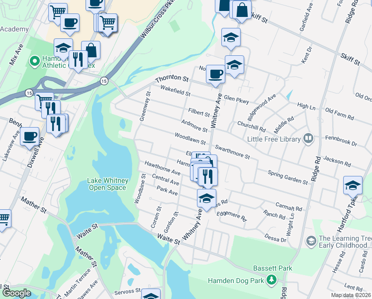 map of restaurants, bars, coffee shops, grocery stores, and more near 38 Woodlawn Street in Hamden